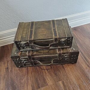 Vintage Style Decorative Wood & Leather Storage Trunks Suitcase Pair Brown Stack